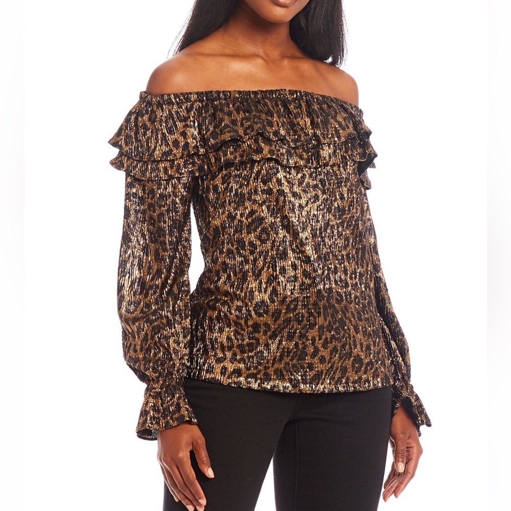 ✅Michael Kors Leopard Print Ruffle Off-the-Shoulder Long Sleeve Gold Blouse